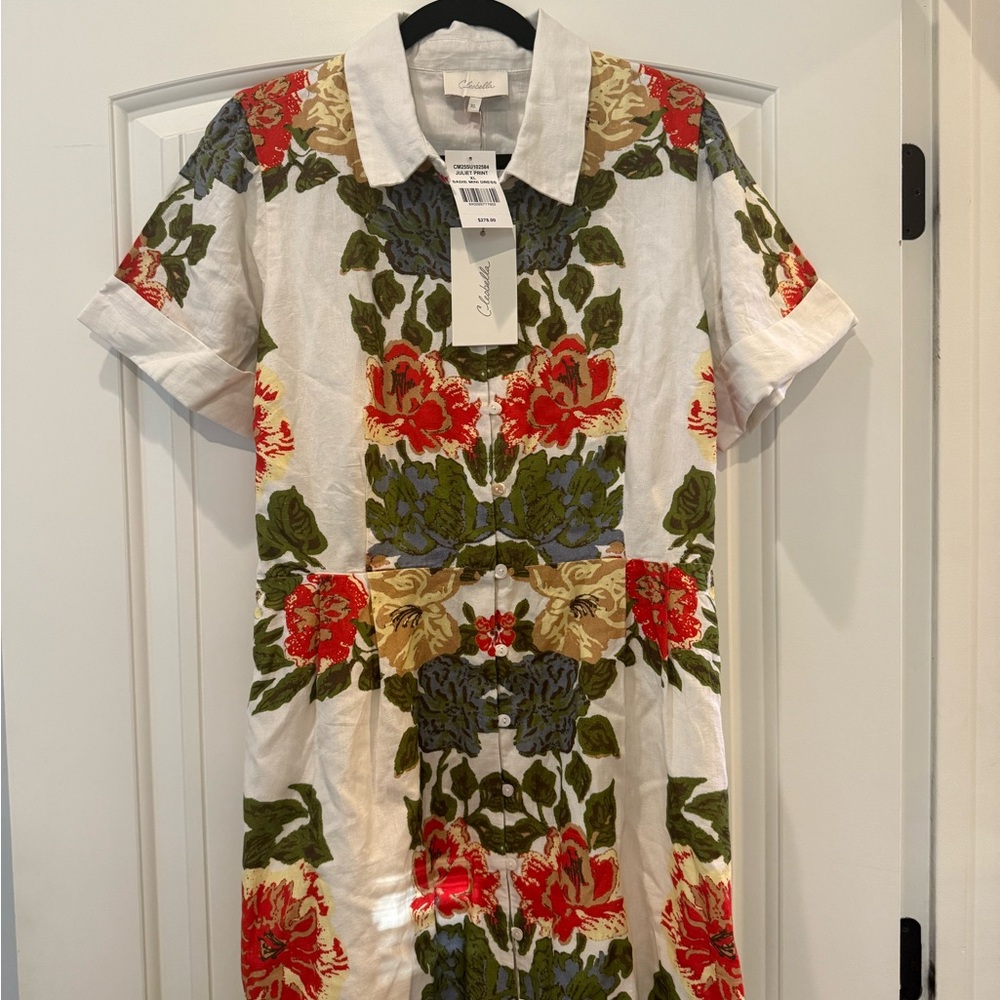 Cleobella White Floral Button-Down Dress with Red and Green Print